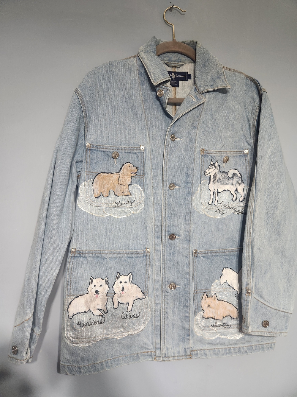 Vintage Ralph Lauren Denim Chore Jacket. Small. Hand Painted Dogs Folk Art OOAK